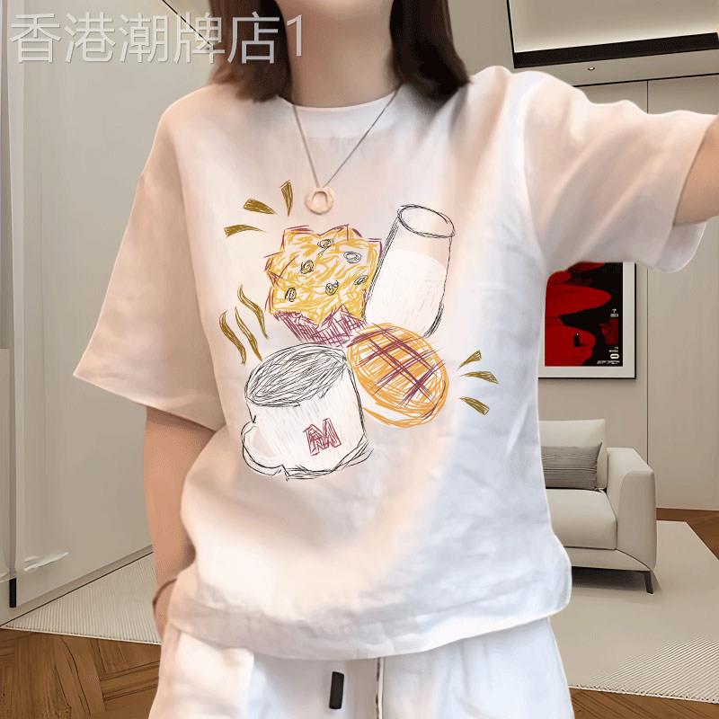 正肩短袖t恤女士夏季薄款2026新款卡通印花圆领显瘦休闲洋派上衣图片