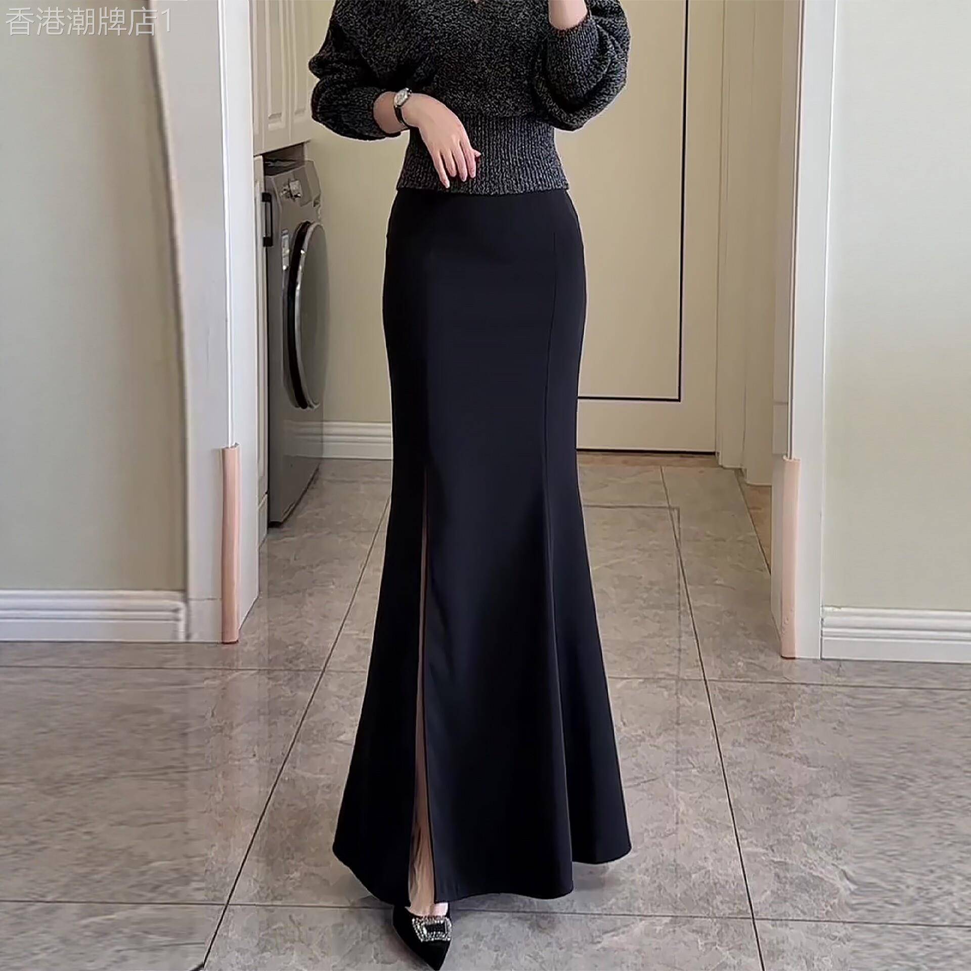 黑色鱼尾半身裙女春季2026新款大码胖mm气质高腰修身显瘦开叉长裙