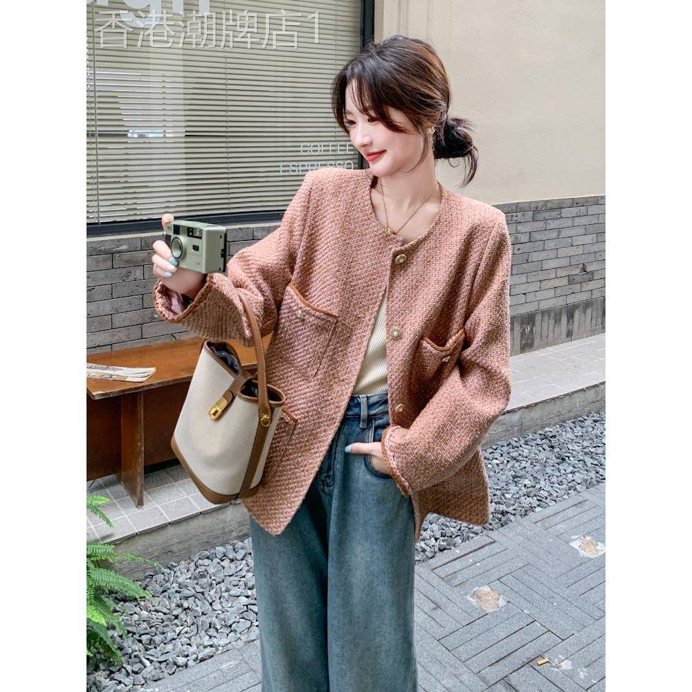 覆古粉色小香风外套女春秋款2025法式气质高级感珍珠扣超好看上衣