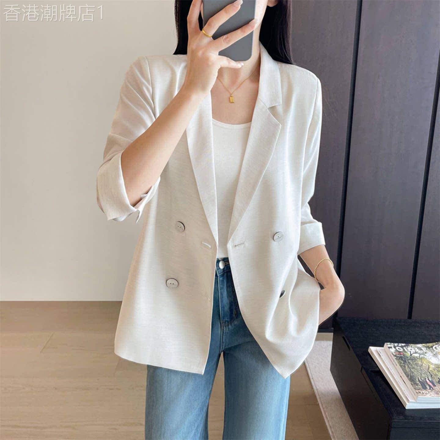 GOLUERJI凉感羊毛通勤职场薄款双排扣七分袖西装外套女春夏