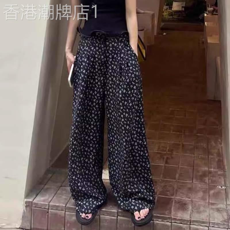 黑色碎花薄款休闲裤女夏欧货慵懒风高腰垂坠感直筒宽裤拖地长裤