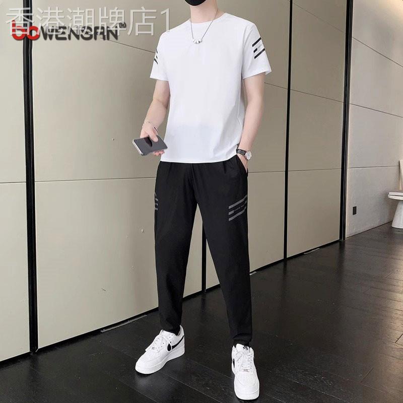 冰丝休闲运动套装男士短袖T恤2026新款夏季搭配长裤帅气夏装男款