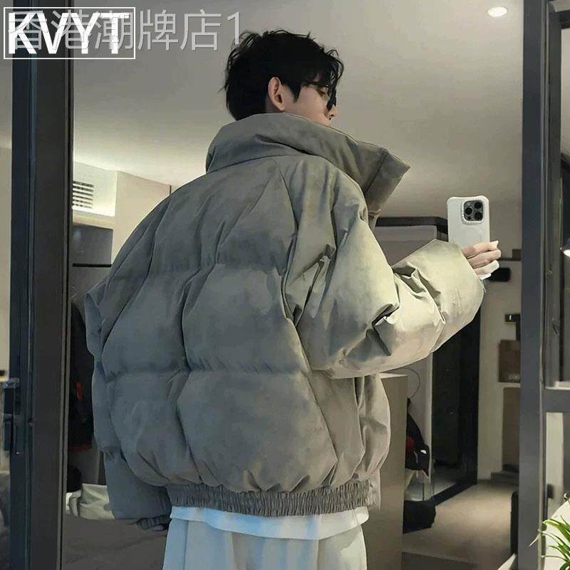 潮牌美式短款羽绒棉服男款秋冬加厚外套2026新款男装扎染高领棉衣