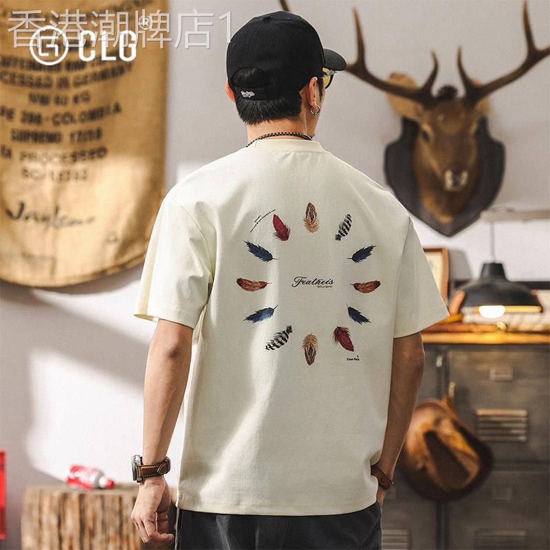 香港CLG潮牌美式复古男T恤夏季短袖新款宽松潮流羽毛彩绘印花上衣