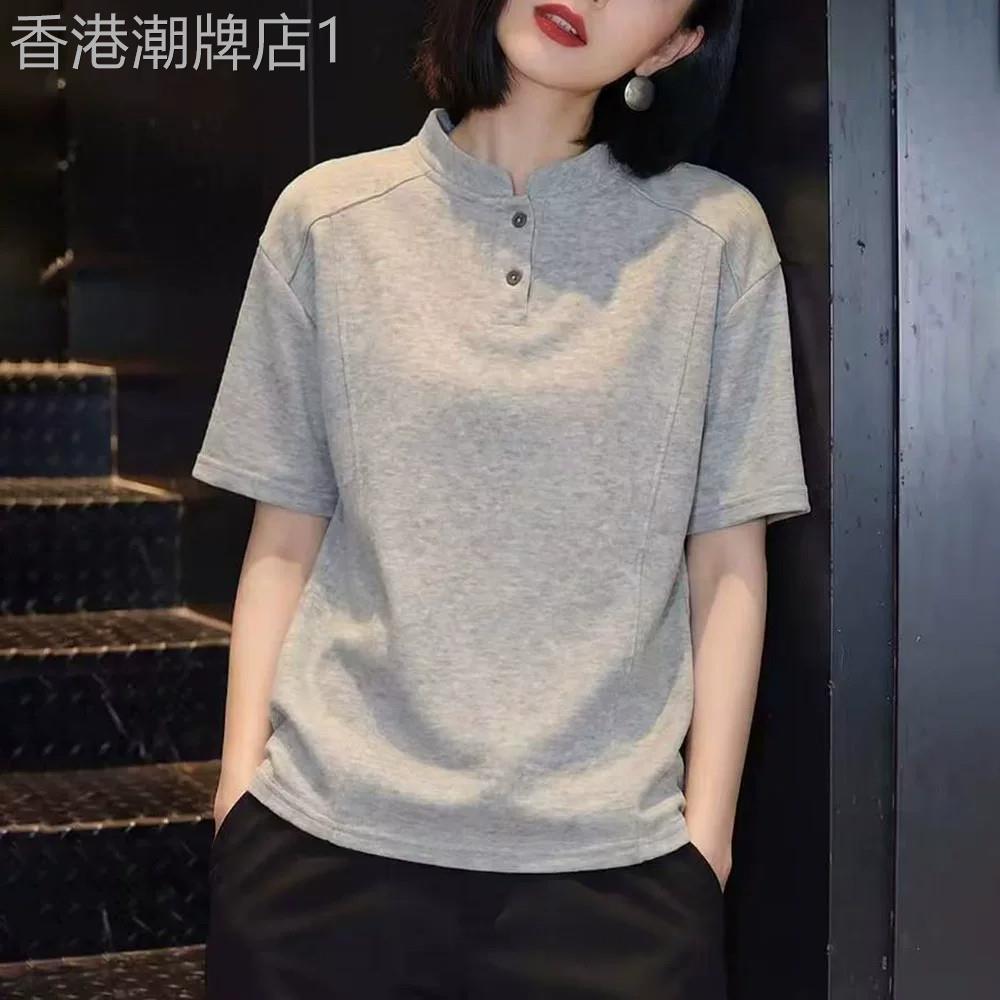 灰色短袖立领T恤女士2026夏季新款时尚减龄宽松显瘦通勤气质上衣