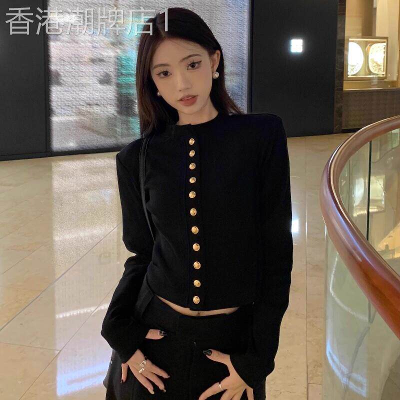 黑色小香风外套女春秋气质高级上衣修身毛衣长袖短款针织开衫外搭