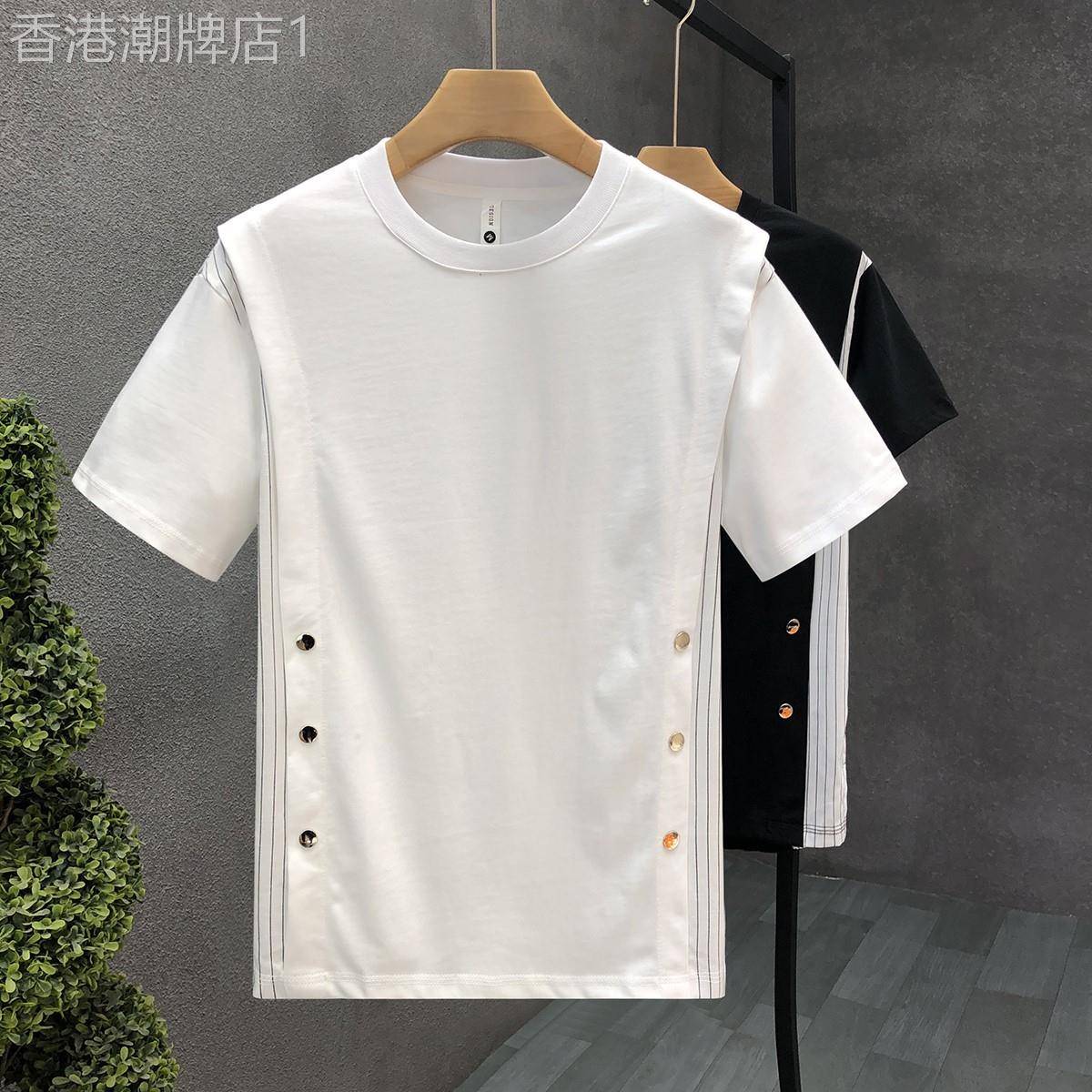 夏季新款高端重磅圆领半袖T恤男士设计假两件百搭款短袖白色体恤
