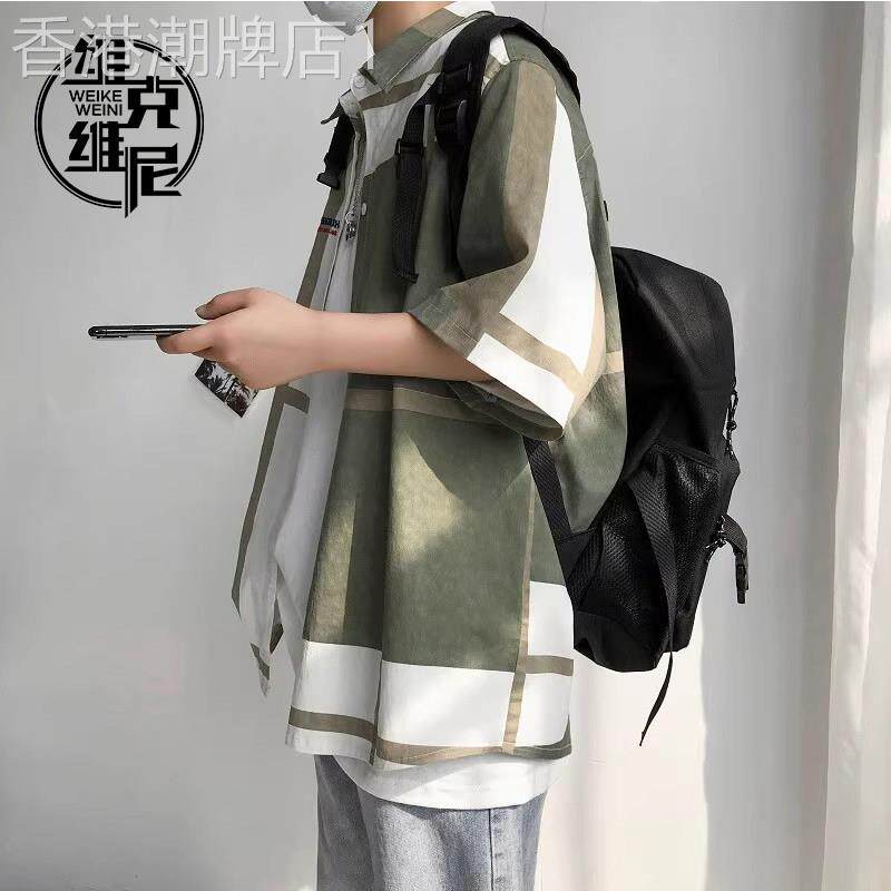 日系格子冰丝短袖衬衫男夏季薄款潮牌痞帅港风复古高级感宽松衬衫