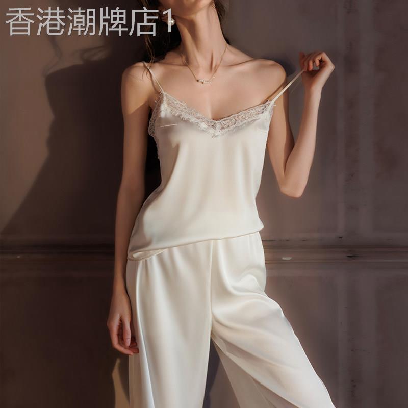 新款性感真丝睡衣蕾丝吊带九分裤套装冰丝家居服女夏季可外穿春秋