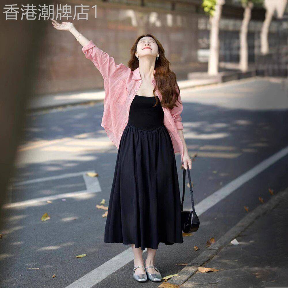 入秋搭配一整套女大尺码孕妇防晒衬衫吊带洋装韩系温柔独特套装裙