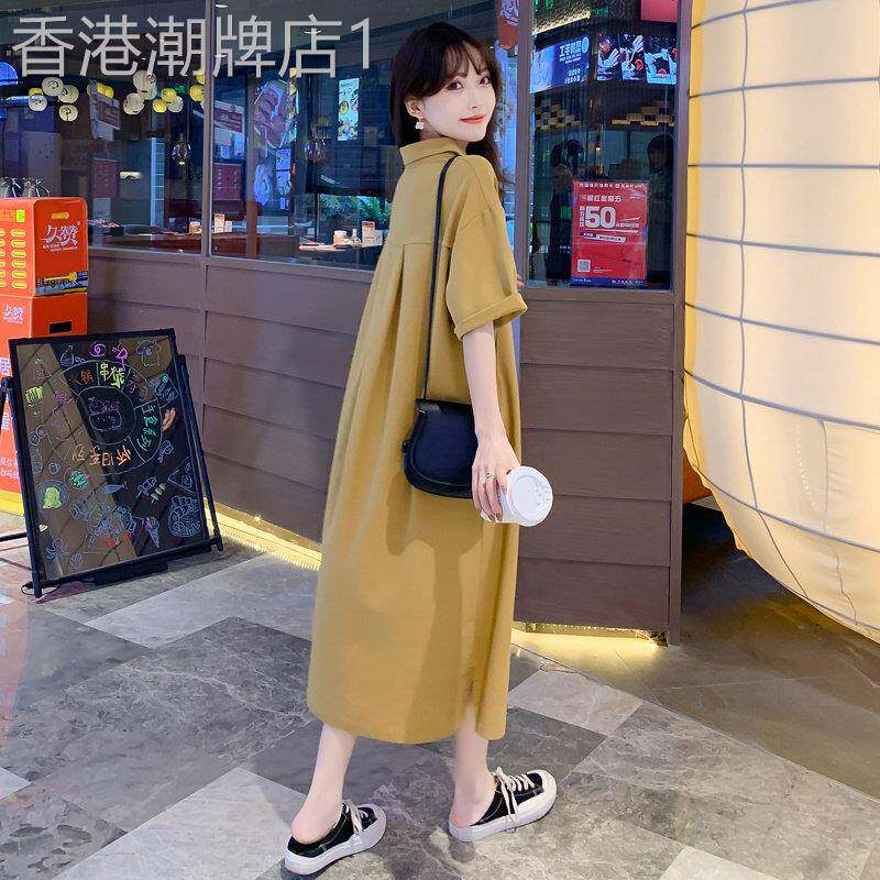 孕妇2025年夏季大尺码时尚纯色过膝T恤裙子休闲宽松翻领短袖洋装