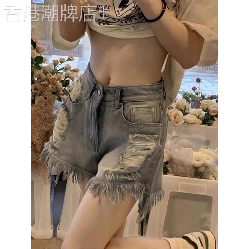 破洞牛仔短裤女夏季薄款2026新款高腰a字大尺码显瘦休闲阔腿热裤