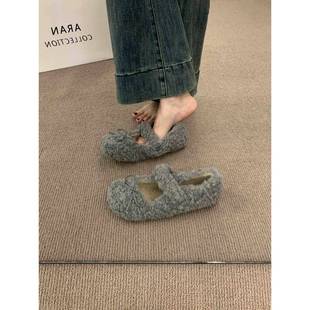 时尚品牌温柔的晚装风格蝴蝶结小羊羊毛单带玛丽简皮草鞋的妇女秋