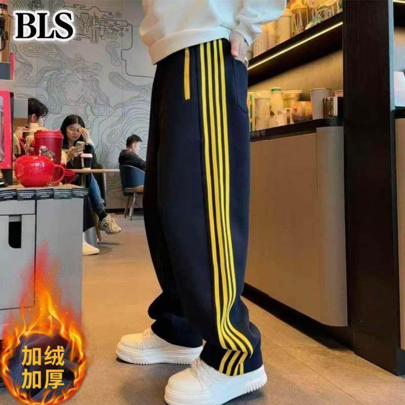 高端重磅加绒休闲裤男款冬季2025年新款加厚保暖条纹直筒运动卫裤
