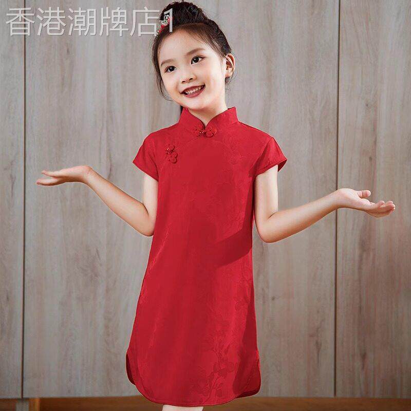 女童旗袍红色女孩十岁生日公主裙周岁礼服连衣裙中式儿童演出服女