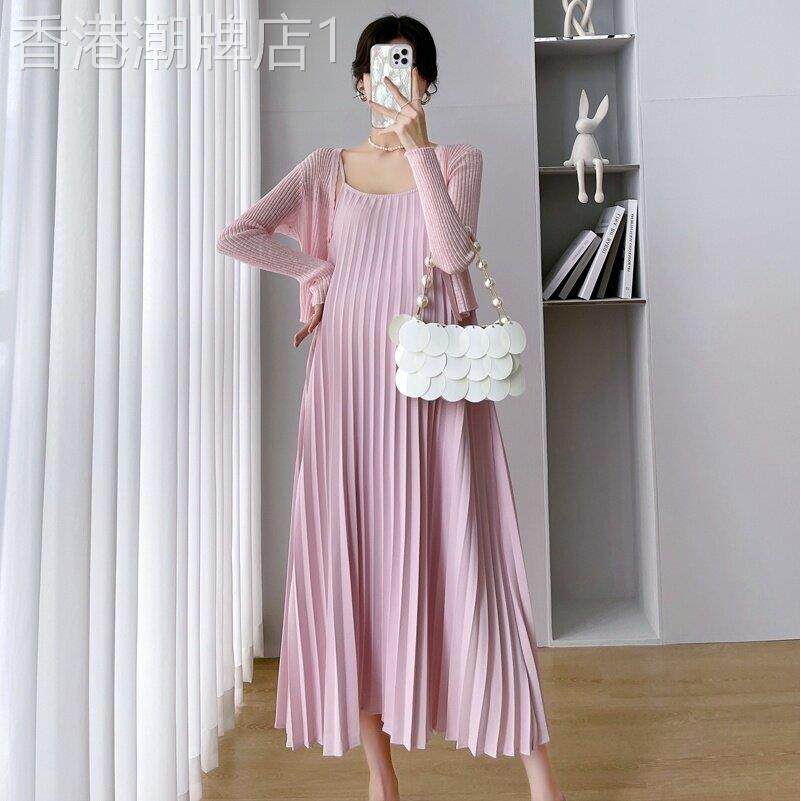 孕妇洋装夏装套装纯色过膝长版宽松开衫百褶吊带裙两件套