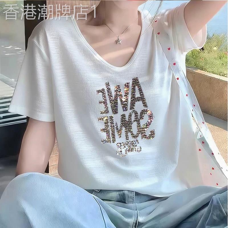 韩版白色烫钻印花正肩短袖t恤女2026夏季新款欧货宽松显瘦上衣潮