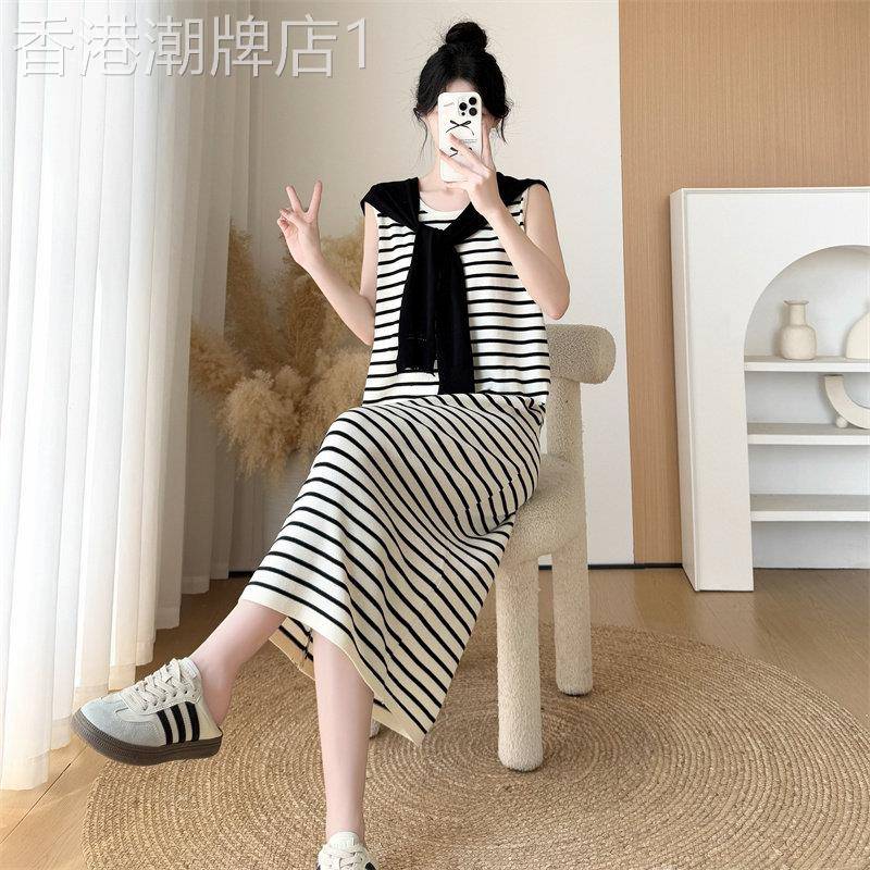 egmg韩系条纹针织洋装女夏季2026新款假两件套设计感无袖背心裙