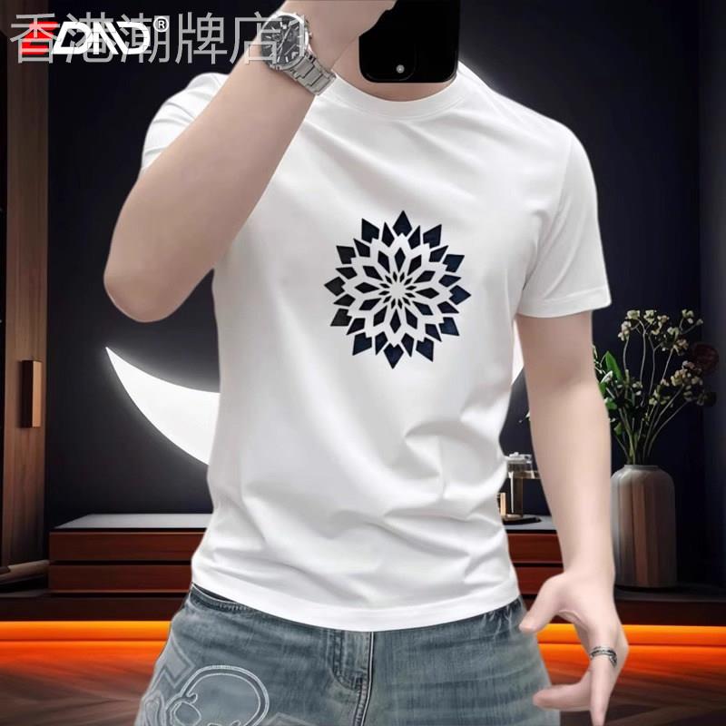 潮牌短袖t恤男士2026新款夏季几何图案印花半袖上衣修身男款T恤