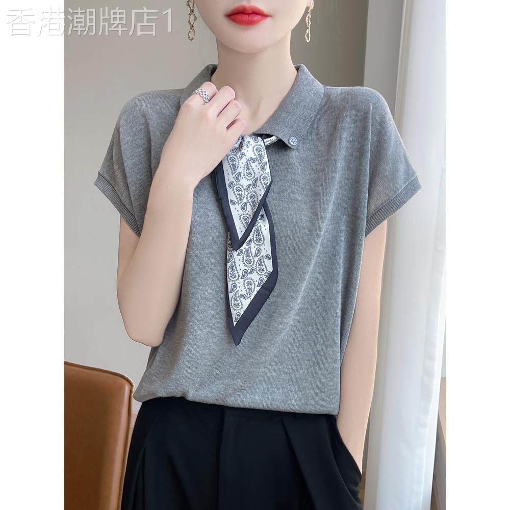 高级感冰丝POLO领丝巾1/4吋套筒扳手袖T恤女夏装气质优雅洋派小衫