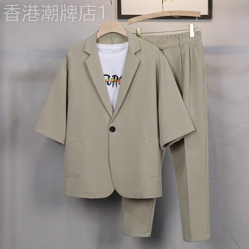 西服套装男士夏季痞帅七分短袖修身长裤轻熟风小西装外套搭配一套