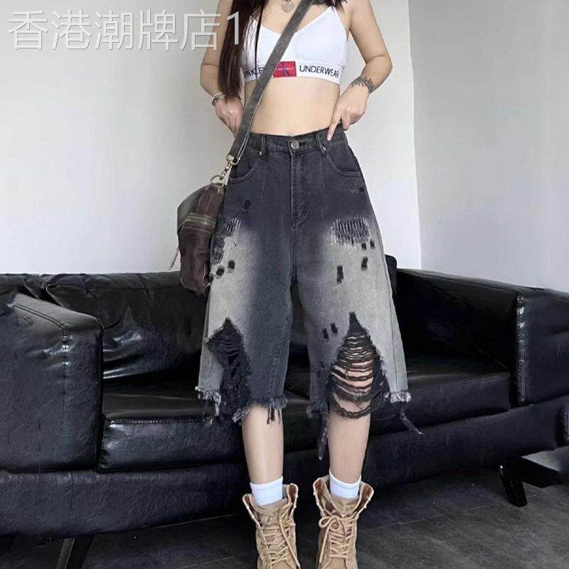 潮牌辣妹破洞牛仔短裤女设计感夏季高腰阔腿过膝五六分裤七分五分
