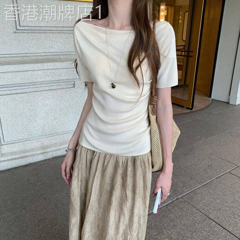 温柔一字领褶皱针织短袖T恤女夏季欧货修身露肩垂折领白领漂亮上