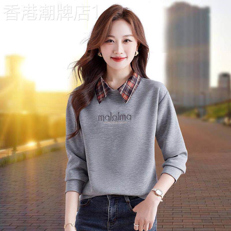 潮牌polo领假两件卫衣女2026春秋新款加绒加厚圆领套头刺绣上衣棉