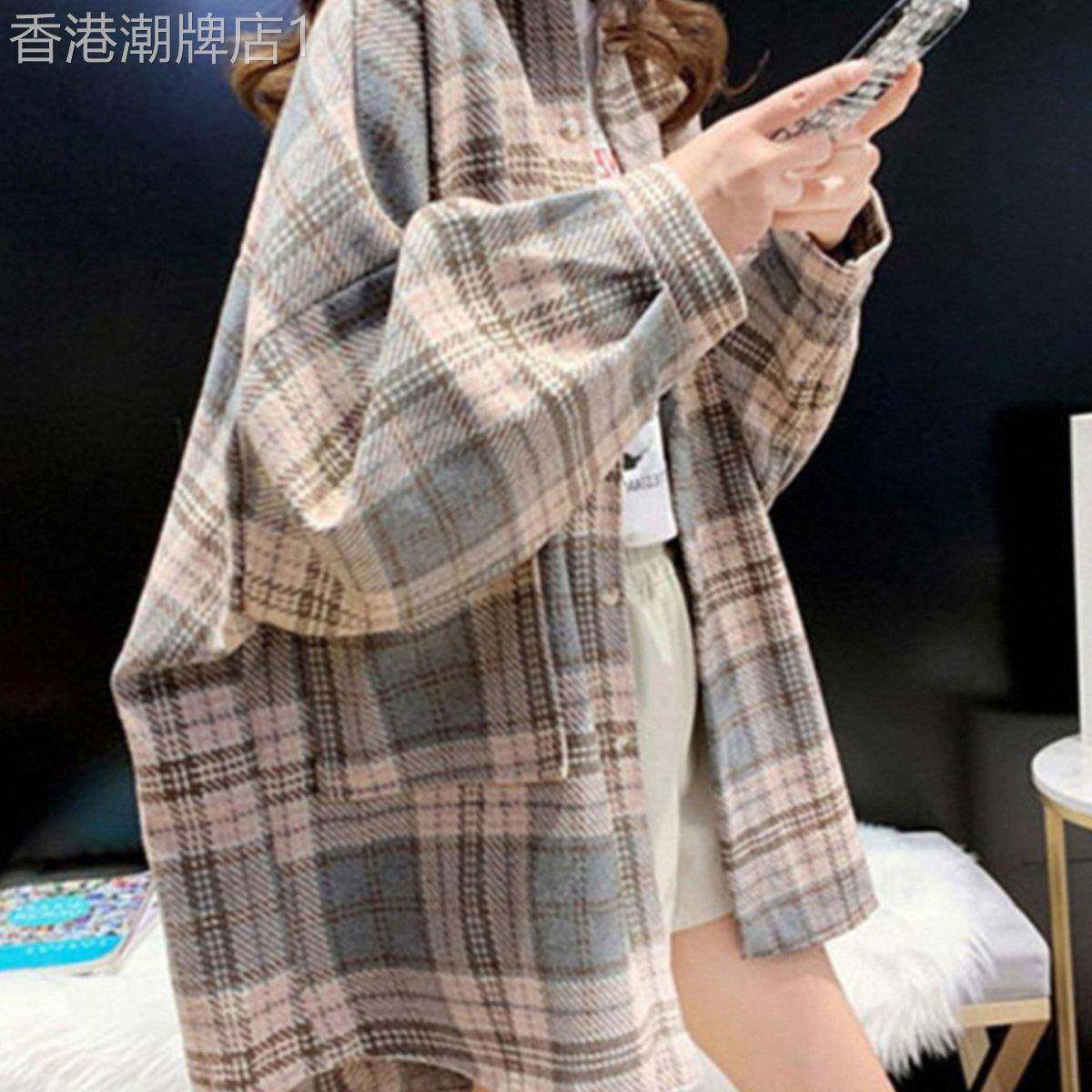 磨毛加厚中长款宽松格子衬衫女春秋欧货爆款毛呢长袖复古衬衣外套