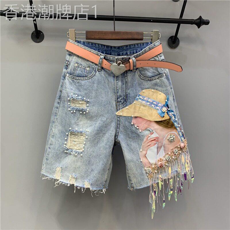 蓝色破洞牛仔短裤女夏季薄款2026新款时尚流苏钉珠洋派五分直筒裤