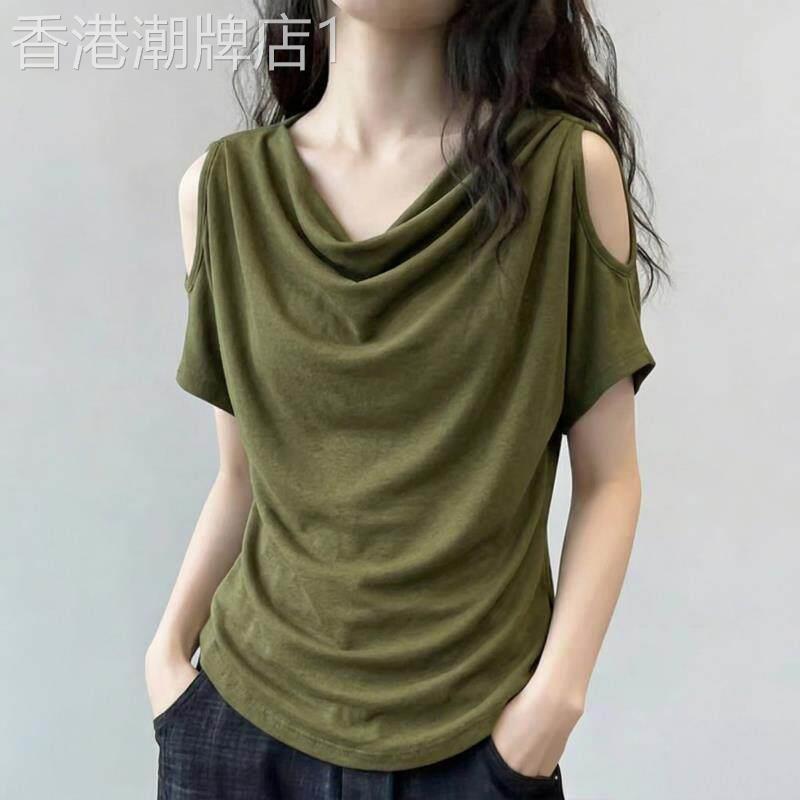 垂折领短袖T恤女夏季新款韩版时尚气质设计感大尺码掐腰显瘦露肩