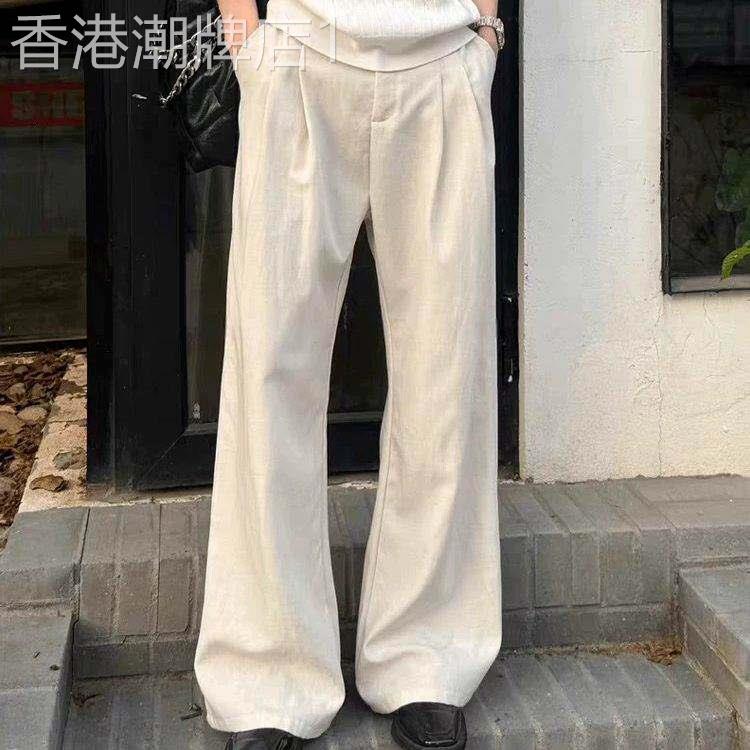 老钱风亚麻微喇西裤男夏季薄款A字双褶垂感裤子高级感直筒休闲裤