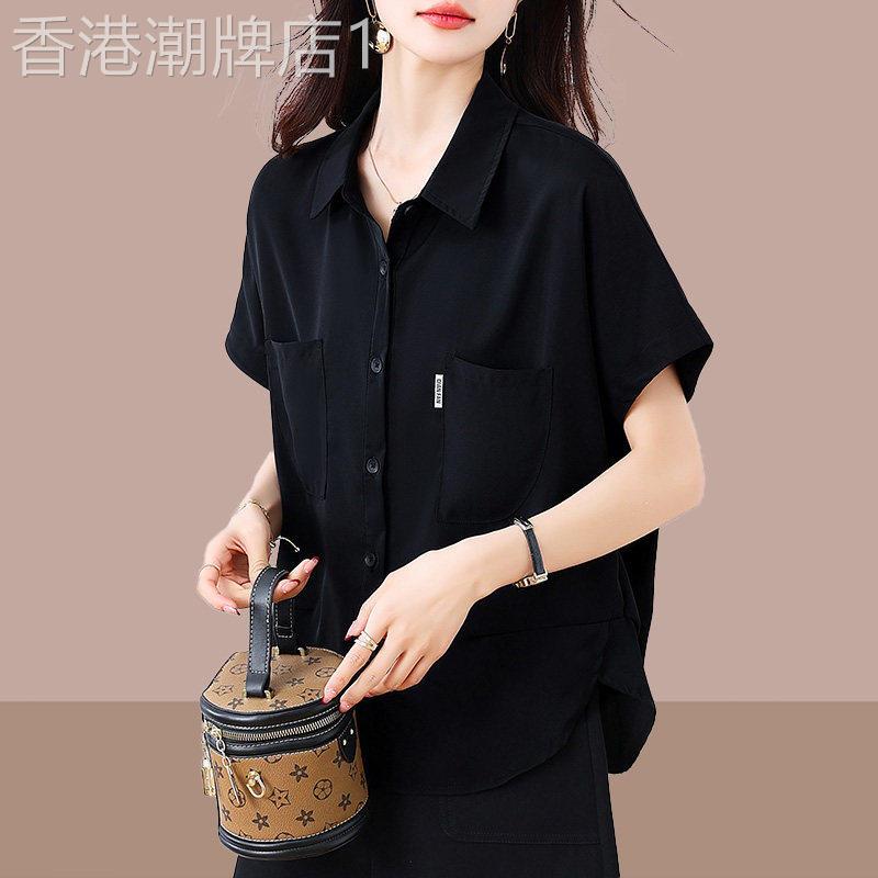 胖mm大尺码V领短袖衬衫女夏季新款遮肚子显瘦宽松上衣时尚休闲衬