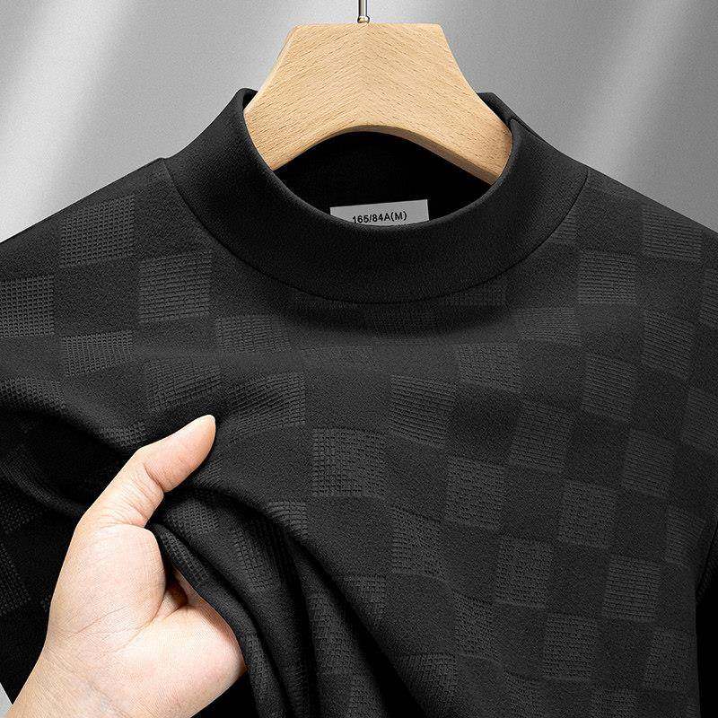 德绒加绒加厚打底衫男士秋冬半高领保暖长袖T恤格子印花中领卫衣