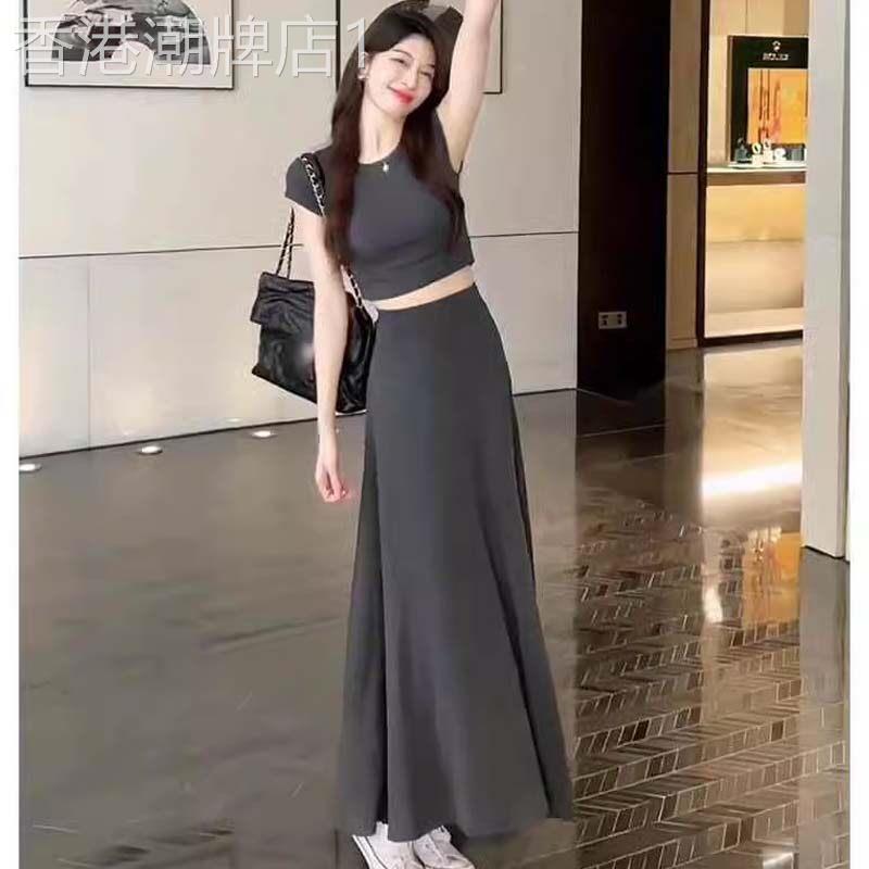 灰色半身裙套装女夏季欧货露脐短款短袖T恤垂坠感大摆长裙两件套
