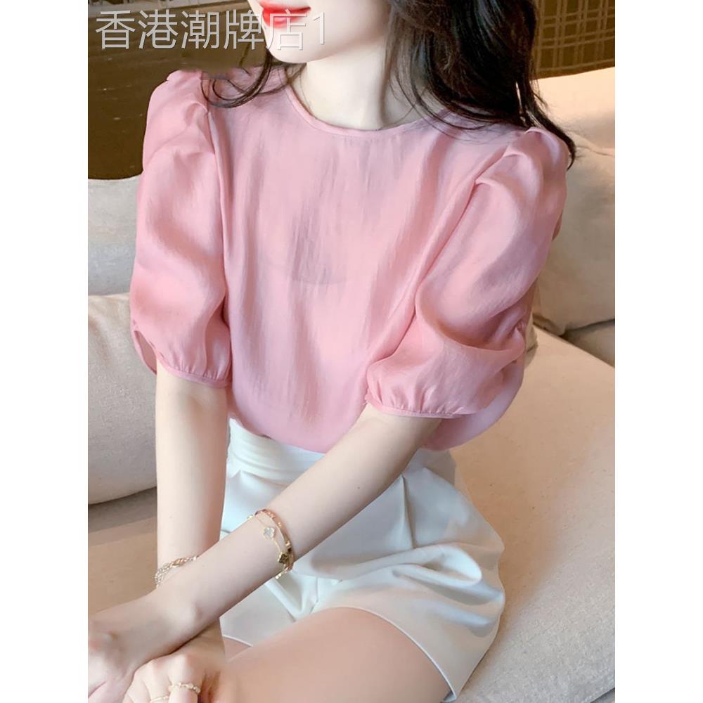 雪纺衫女短袖t恤夏季2026新款宽松显瘦法式别致泡泡袖小衫上衣女