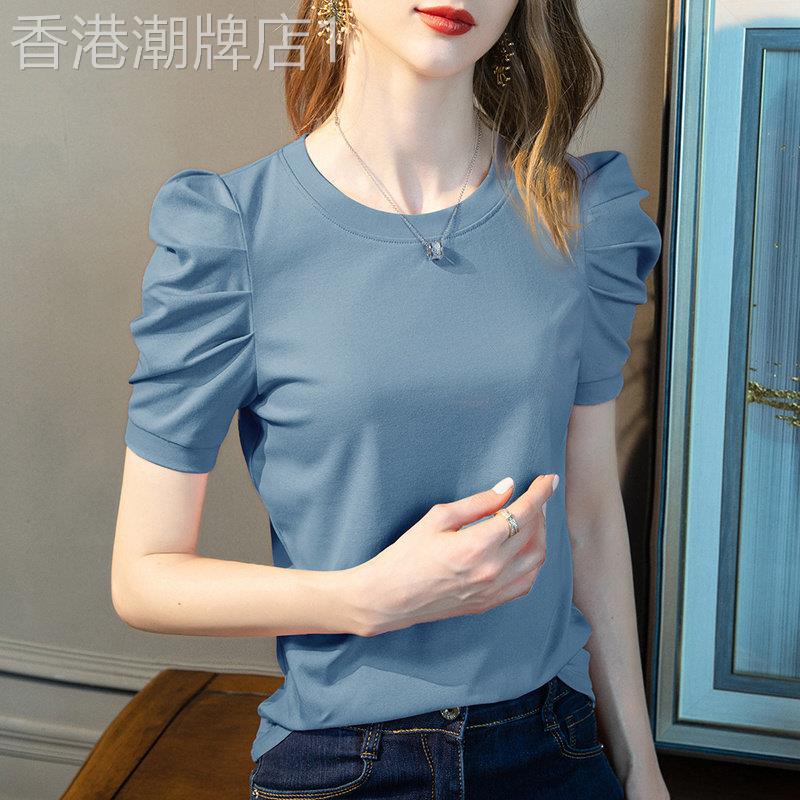 纯棉短袖t恤女夏装2026年新款设计感小众修身显瘦泡泡袖T恤上衣