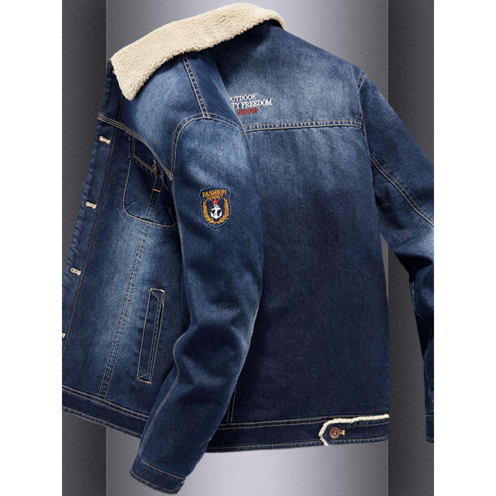 羊羔绒牛仔外套男冬季保暖加绒加厚潮流飞行员夹克休闲宽松上衣服