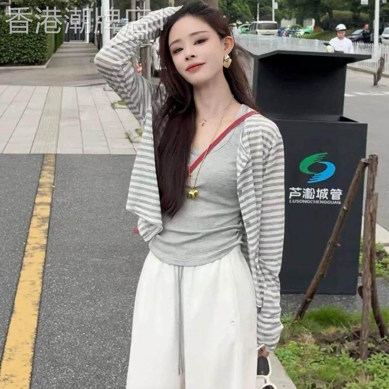 巨好看的春秋套装女韩系时尚减龄休闲防晒针织开衫吊带背心两件套