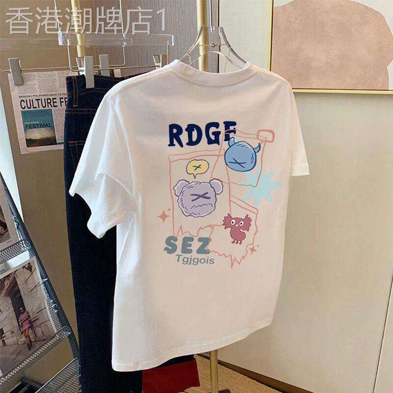 韩国夏季新款卡通印花白色纯棉短袖t恤女宽松百搭小个子减龄上衣.
