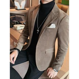 潮牌平绒小西装外套男秋冬高级感修身轻奢男装英伦风商务休闲西服