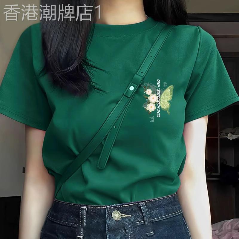 墨绿色短袖t恤女2026夏季新款宽松时尚韩版纯棉正肩蝴蝶印花上衣