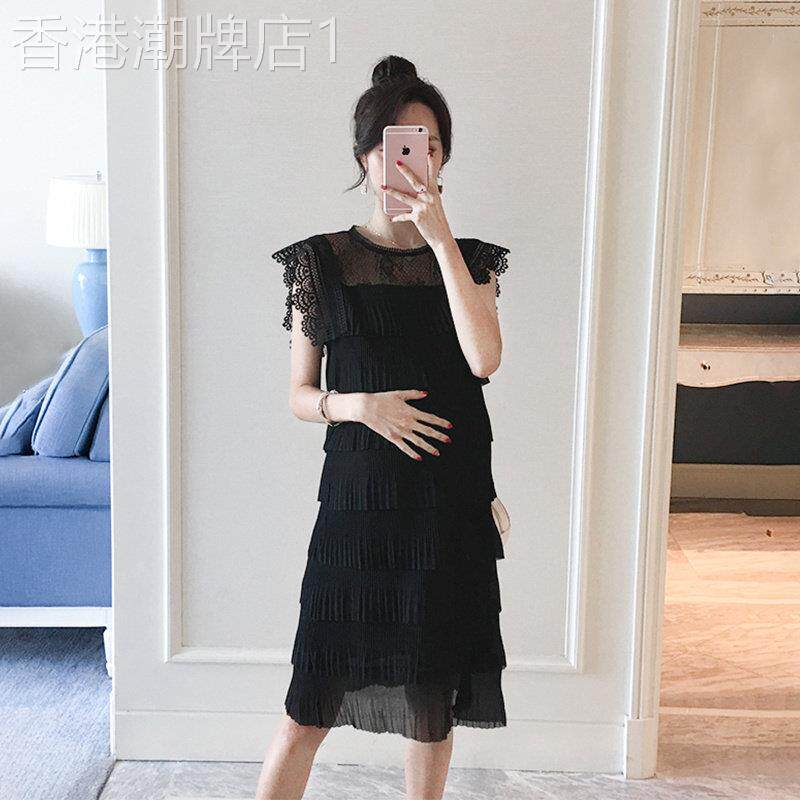 孕妇装夏天洋装时尚新款黑色雪纺蕾丝中长版显瘦无袖蛋糕裙夏季