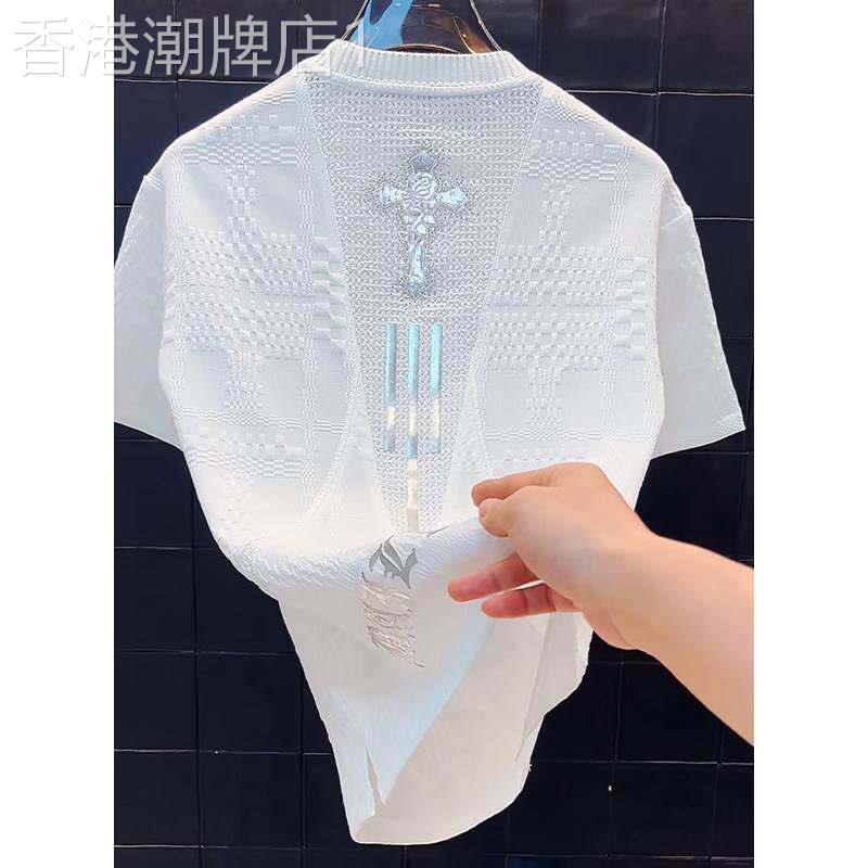 轻奢镂空短袖T恤男士夏季高端白色设计感时尚宽松圆领半袖体恤衫