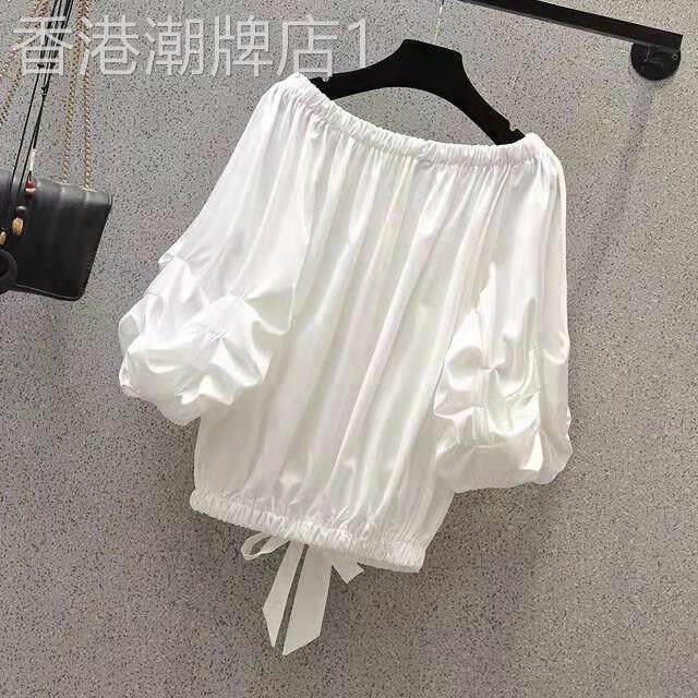 雪纺衫女短袖夏季薄款2025新款宽松遮肚子大码一字露肩泡泡袖上衣