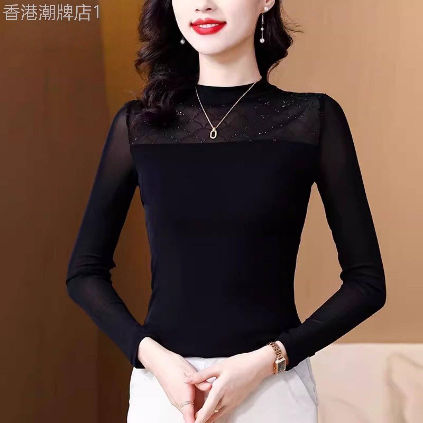 韩国黑色蕾丝打底衫女长袖秋季新款内搭网纱T恤时尚洋派小衫上衣