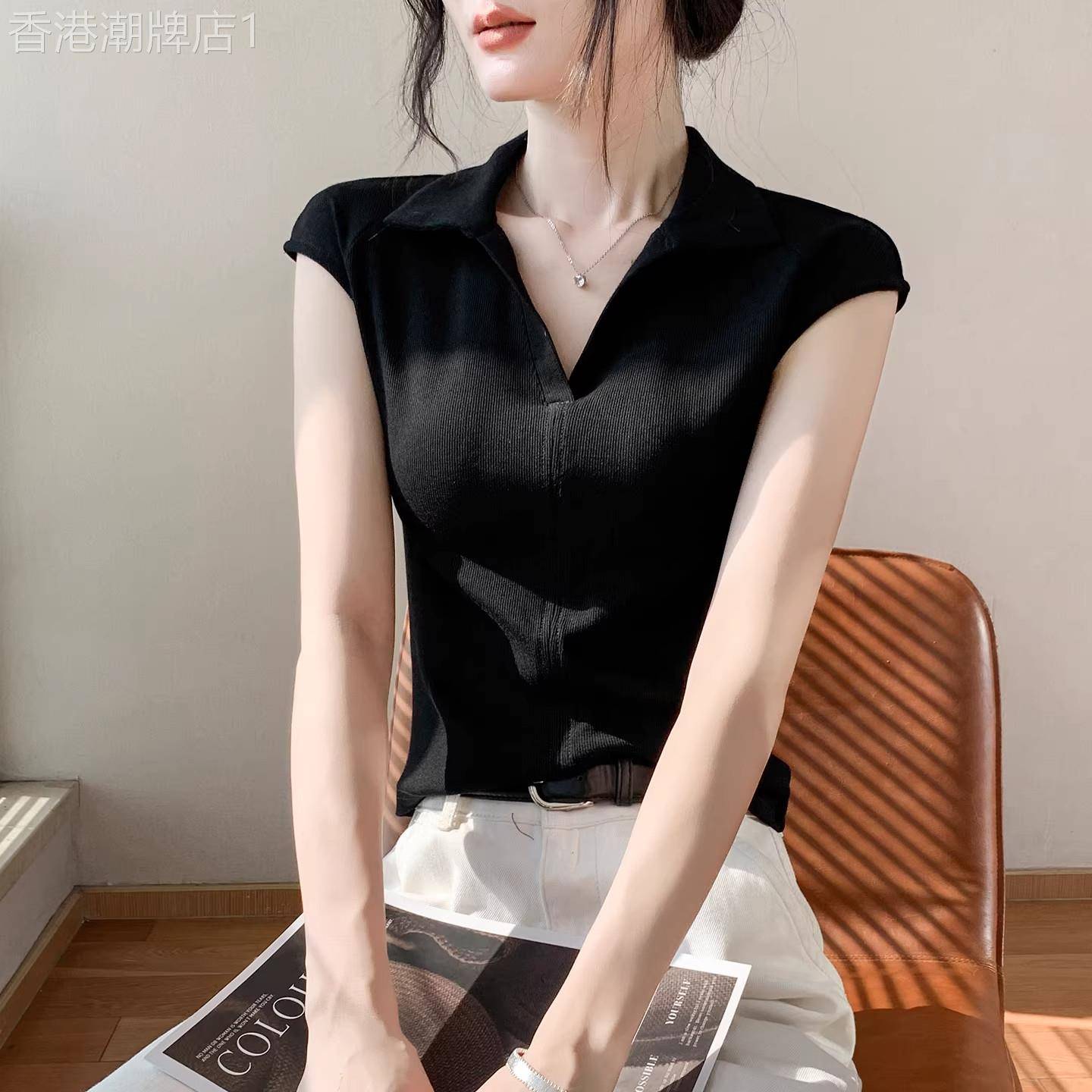 韩版休闲黑色翻领无袖T恤女2026夏季新款修身显瘦遮副乳坎肩上衣