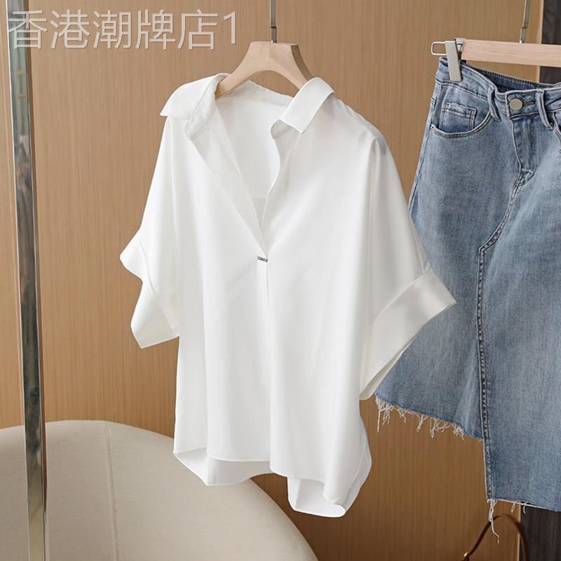 白色衬衫女短袖夏季薄款2026新款大码胖mm设计感小众v领衬衣上衣