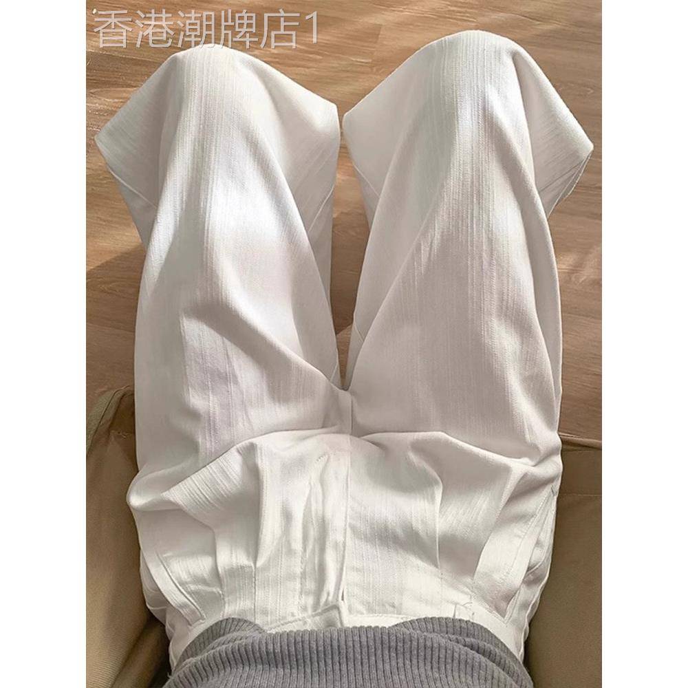 白色棉和亚麻女士夏季薄西装裤2025新高腰褶皱宽松亚麻阔腿休闲裤