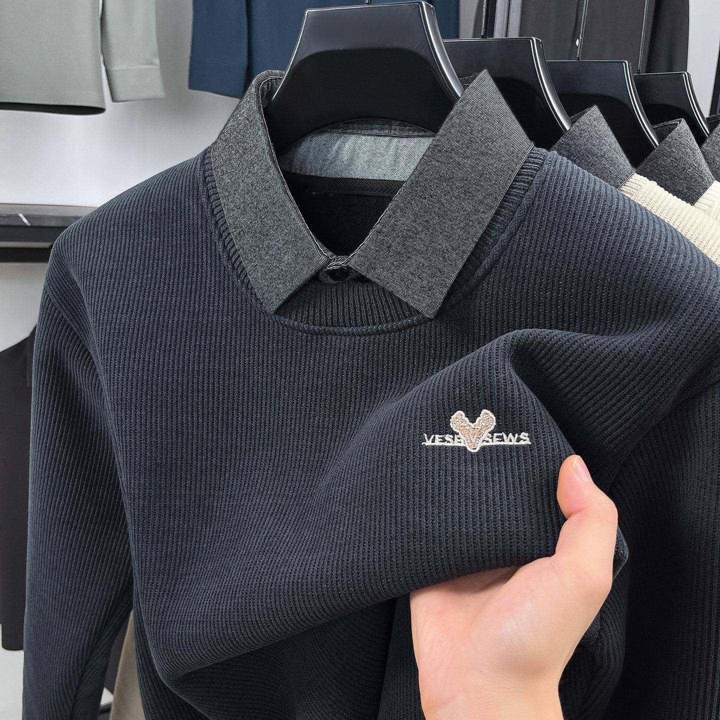 假两件衬衫领针织毛衣男冬季加绒加厚保暖打底衫高端时尚内搭